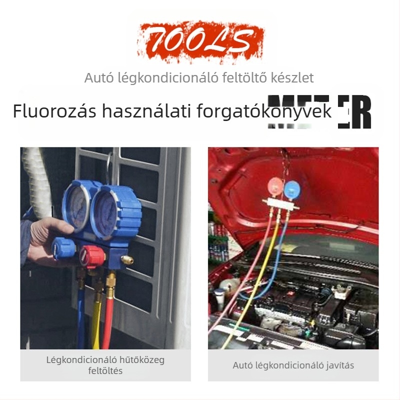 Autóklíma hűtőközeg fluorométer dupla mérő hóvetőmag palacknyitó Freon cső magas és alacsony nyomású gyors rézcsatlakozó szerszám