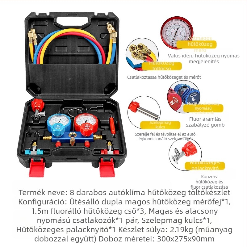 Autóklíma hűtőközeg fluorométer dupla mérő hóvetőmag palacknyitó Freon cső magas és alacsony nyomású gyors rézcsatlakozó szerszám