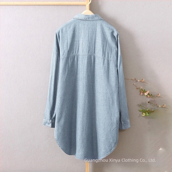 2022 őszi új, egysoros, kék, elegáns ingázós, hosszú ujjú, farmer, hosszú ujjú, egyszínű, pamut hajtókás ing