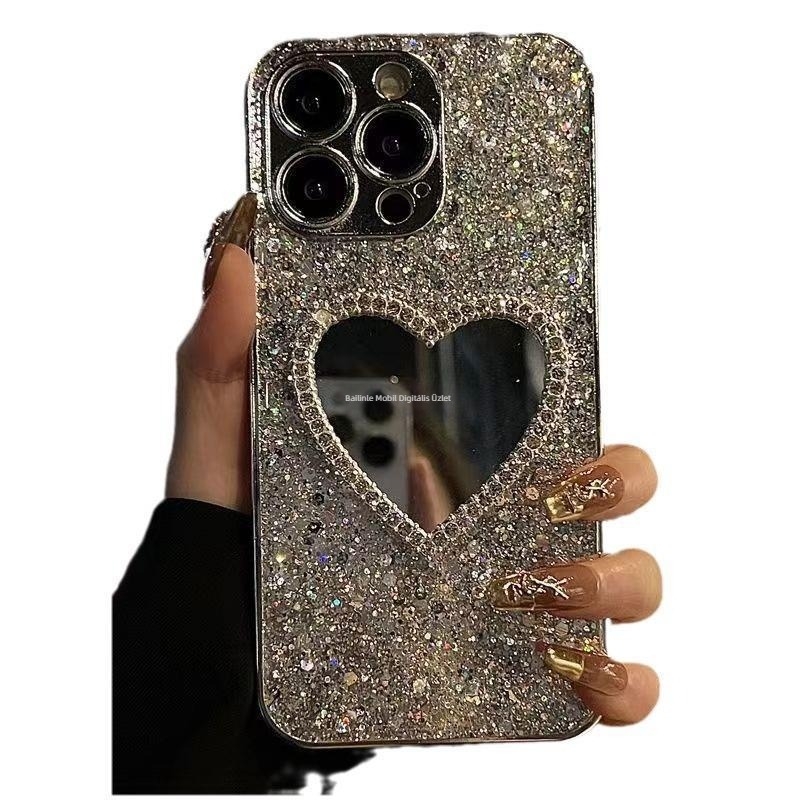 Galvanizált csillámos ragasztós javítótükör iPhone 15Pro mobiltelefon tok 16Promax Apple 12 flitteres védőtok