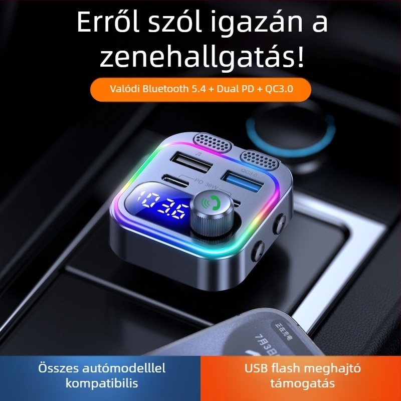 Új autós Bluetooth FM lejátszó színes hangulattal, könnyű autós Bluetooth MP3 lejátszó PD30W+QC18W