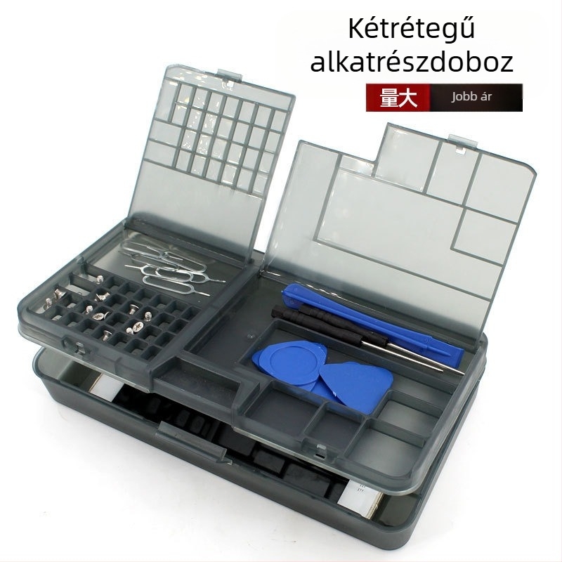Mobiltelefon-javító asztali kétrétegű alkatrésztároló doboz digitális alkatrész csavar tartozékok szerszámrendszer barkácsoláshoz
