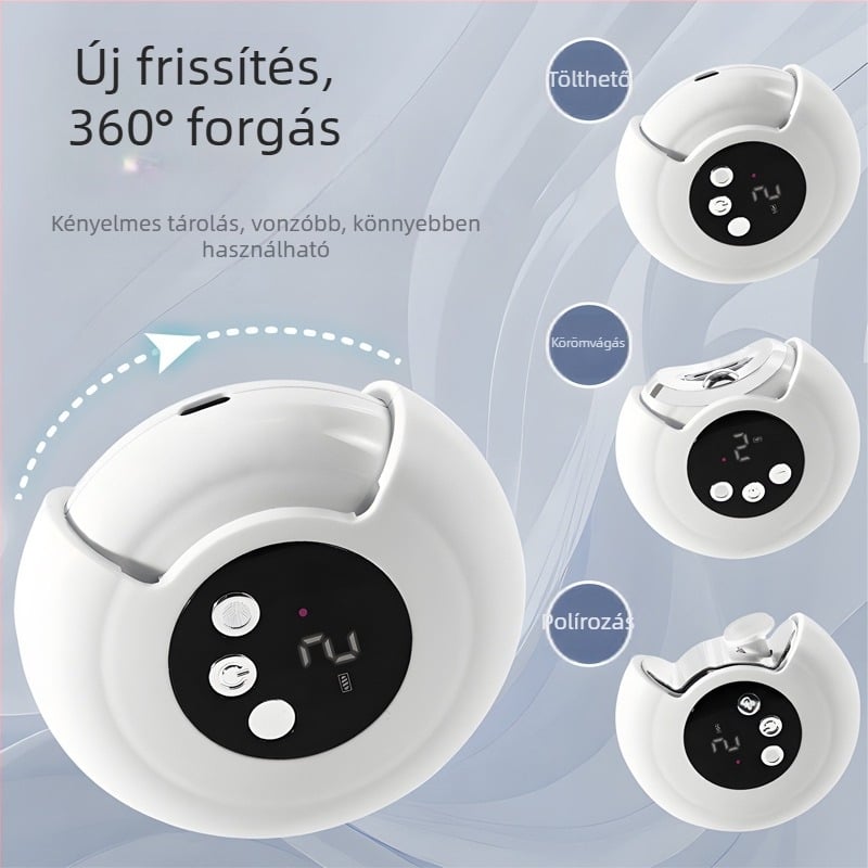 Új modell, 360°-ban forgó, multifunkcionális, fröccsenésmentes, háztartási elektromos körömvágó és polírozó eszköz, 2 az 1-ben körömcsiszoló.