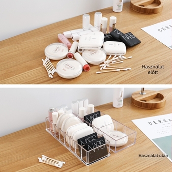 Asztali kozmetikai tárolódoboz, átlátszó, levehető, háztartási, elválasztott diákkollégiumi bőrápolási terméktároló állvány, rúzstartó