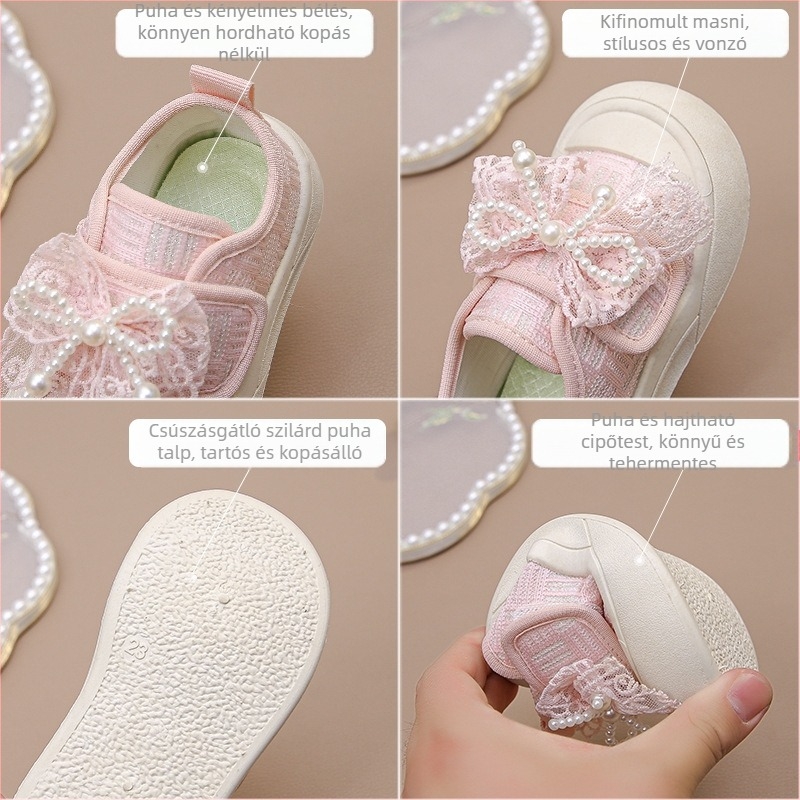 Baba kisgyermek cipők lányoknak tavasz nyár ősz 1-5 éves korig 6 gyerek puha aljú masni lélegző koreai gyermek deszkacipők
