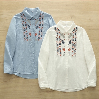 2044 Új Kínai Stílusú, Nemzeti Stílusú Hímzett Galléros Pamutfonal Ing Női 2025 Tavaszi Új Érkezés Hímzett, Minden Mérkőzésre Alkalmas Ing Felső