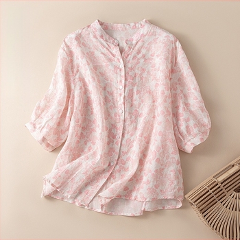 Babás ing felső Női 2024-es nyári új, bő, ingázós, V-nyakú, virágmintás, középujjú, rami ing