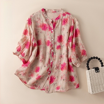 Babás ing felső Női 2024-es nyári új, bő, ingázós, V-nyakú, virágmintás, középujjú, rami ing