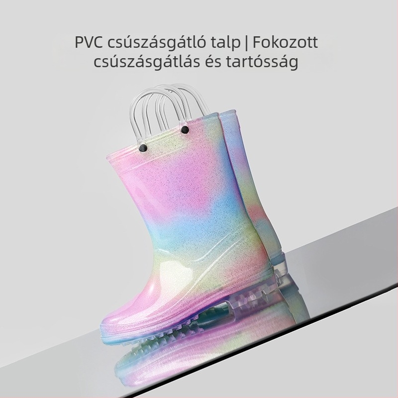 Gyermek esőcipő, külkereskedelmi lányoknak, hercegnő, kiváló minőségű, szivárványos, átlátszó középső csővel ellátott, csúszásmentes vízicipő nagy gyerekeknek