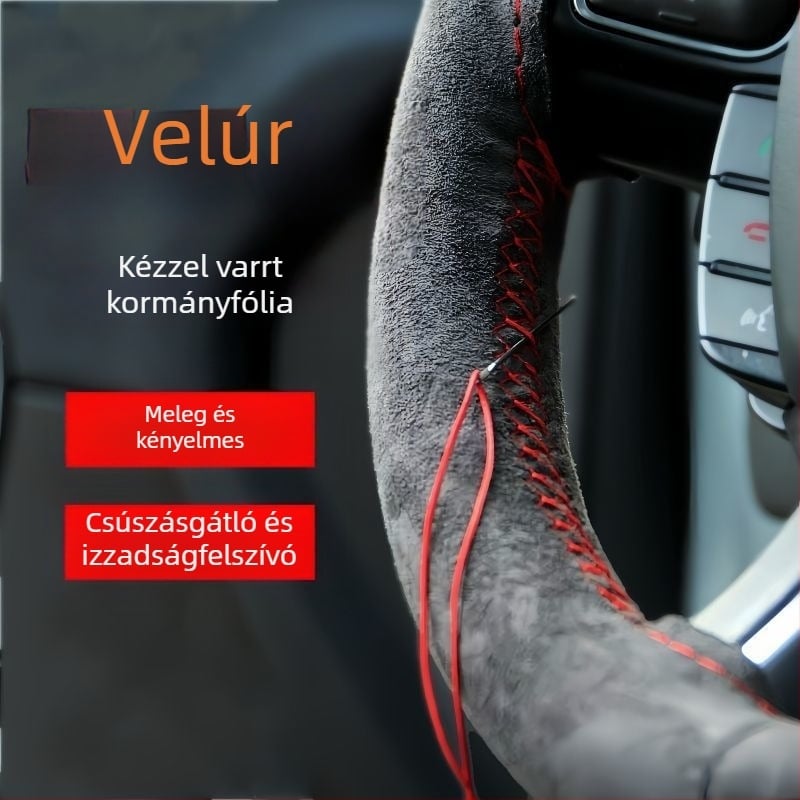 Autó kormánykerék borítás kézzel varrott velúr velúr négy évszakos univerzális plüss markolat borítás csúszásgátló izzadságelnyelő markolat borítás