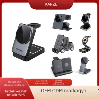 Határokon átnyúló új 15 W-os gyorstöltésű, többfunkciós mobiltelefon-tartó, vezeték nélküli töltés, összecsukható, mágneses, három az egyben vezeték nélküli töltő