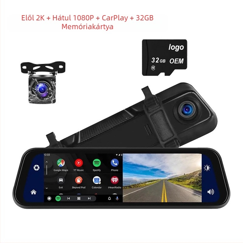 HD 9.66 hüvelykes autós Carplay mobiltelefon vezeték nélküli kapcsolattal, vezetési felvevő első és hátsó kettős felvétellel, 4K navigátorral