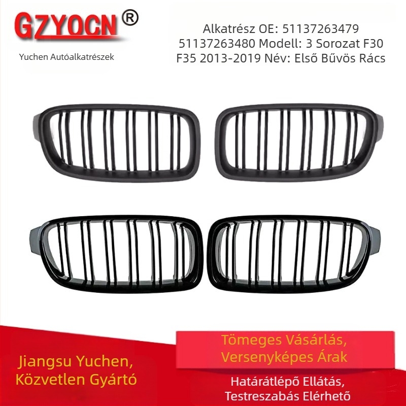 Alkalmas BMW 13-19 3-as sorozat módosított F30F35 első hűtőrács dupla rúddal ellátott első hűtőrács fényes fekete dupla vonalú hűtőrács