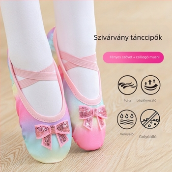 Gyermek tánccipők Lány balett puha talpú gyakorlócipők Gyermek kínai előadáshoz flitteres szivárványos színátmenetes macskakarom cipők