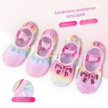 Gyermek tánccipők Lány balett puha talpú gyakorlócipők Gyermek kínai előadáshoz flitteres szivárványos színátmenetes macskakarom cipők