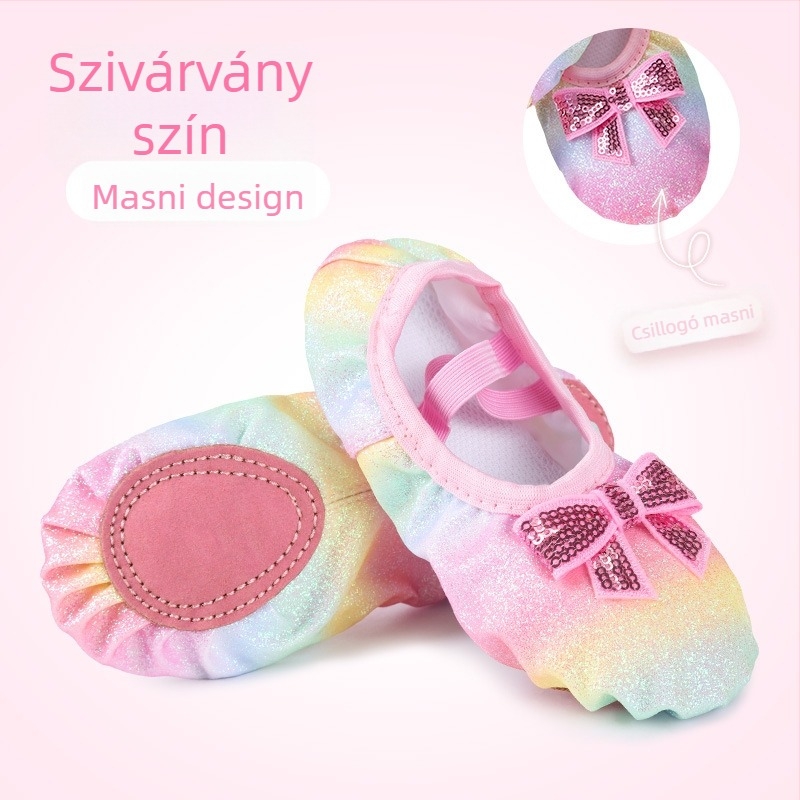 Gyermek tánccipők Lány balett puha talpú gyakorlócipők Gyermek kínai előadáshoz flitteres szivárványos színátmenetes macskakarom cipők