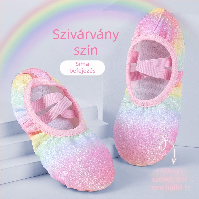 Gyermek tánccipők Lány balett puha talpú gyakorlócipők Gyermek kínai előadáshoz flitteres szivárványos színátmenetes macskakarom cipők