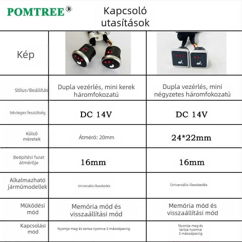 Semleges modellű autósülés-fűtés 12 V-os mini háromsebességes memóriakapcsolóval, 25 W-os ötvözet drót fűtőbetéttel