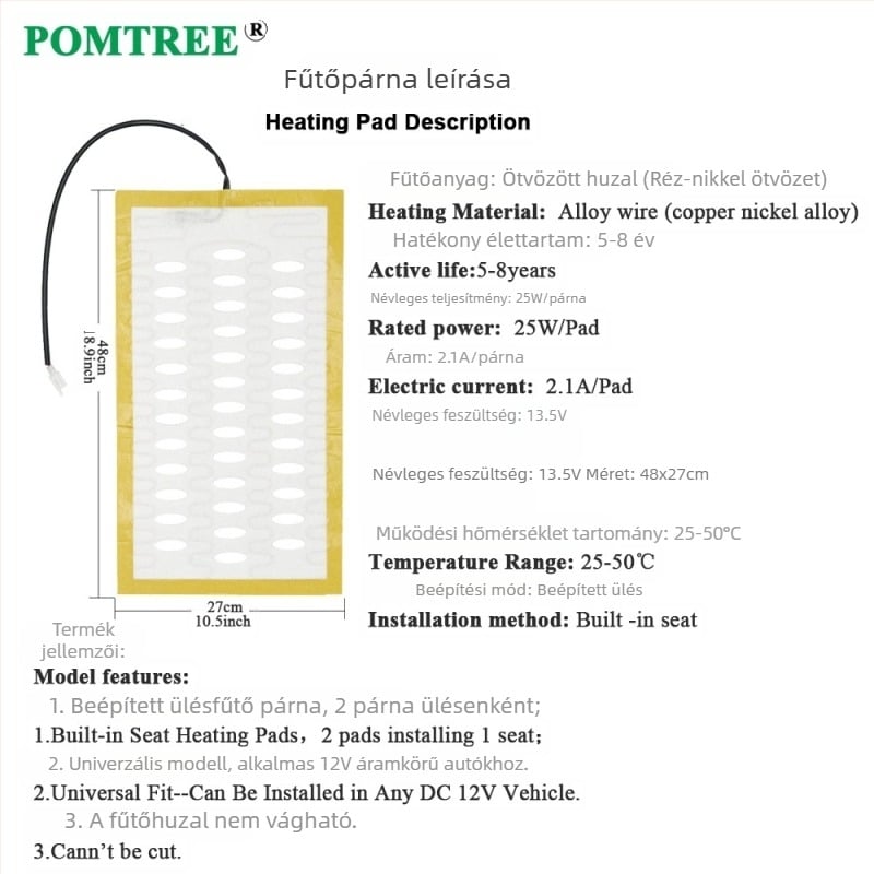 Semleges modellű autósülés-fűtés 12 V-os mini háromsebességes memóriakapcsolóval, 25 W-os ötvözet drót fűtőbetéttel