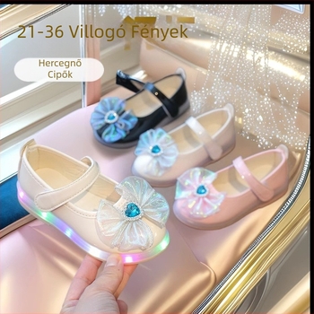 Lányka hercegnői cipők 2025 tavaszi új villanófényes masni strasszos kislány cipők szögletes szájú kis bőr cipők