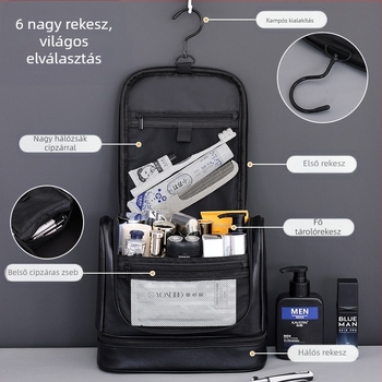 Határokon átnyúló új, többfunkciós, nagy kapacitású, kétrétegű, függő PU férfi mosdótáska, hordozható kozmetikai tárolótáska