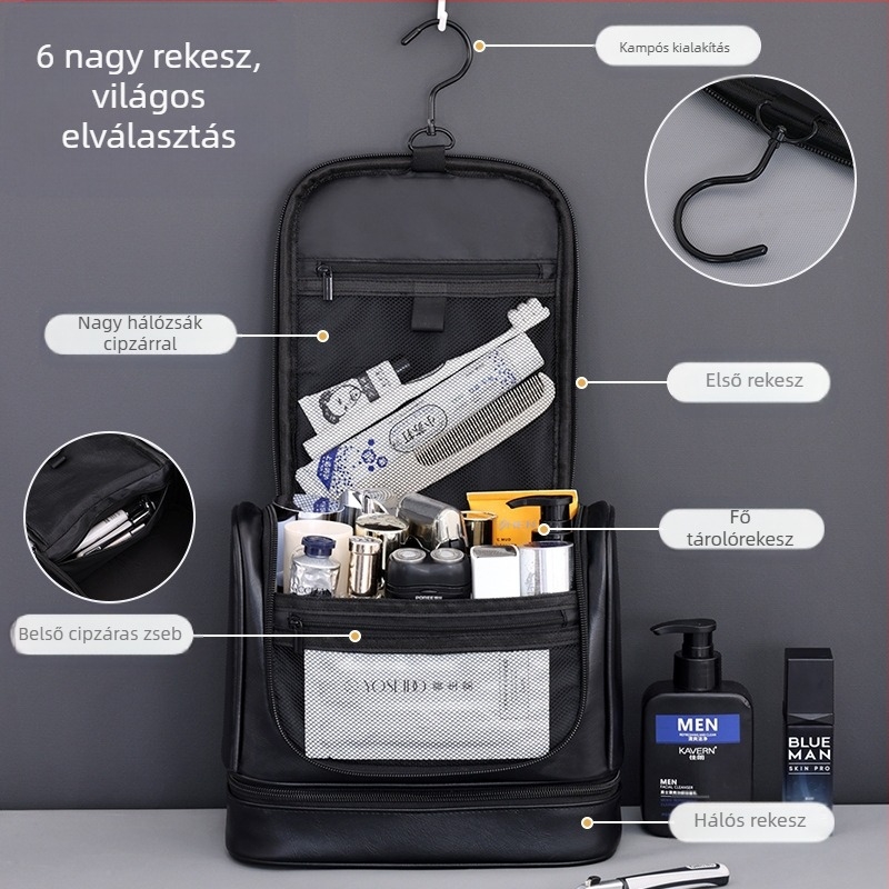 Határokon átnyúló új, többfunkciós, nagy kapacitású, kétrétegű, függő PU férfi mosdótáska, hordozható kozmetikai tárolótáska