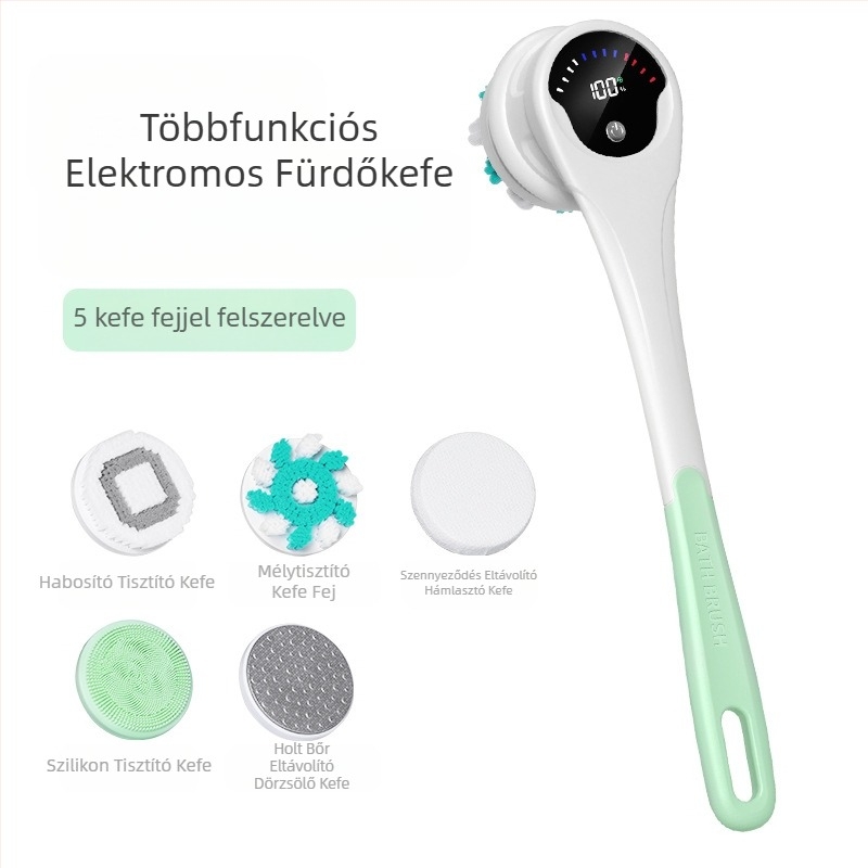 Határokon átnyúló elektromos fürdő- és zuhanykefe, vízálló, hosszú nyelű, sarokdörzsölő iszapfürdőkefe, öt az egyben elektromos forgó fürdőkefe