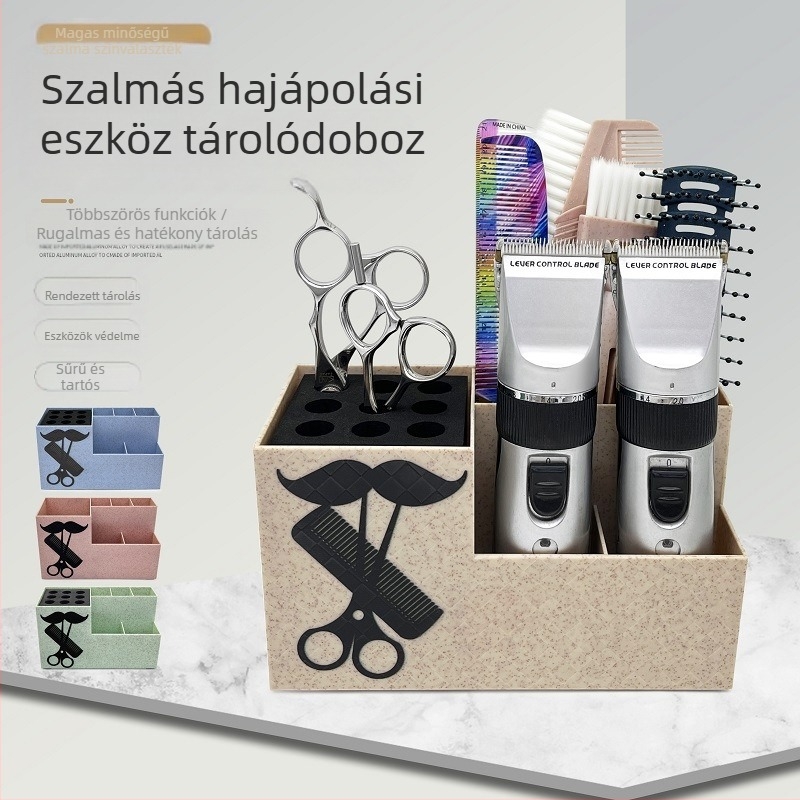 Haj- és körömápolási eszközök, műanyag tárolódoboz, fodrászat, fodrászüzlet, fodrász, kreatív asztali olló, foglalat