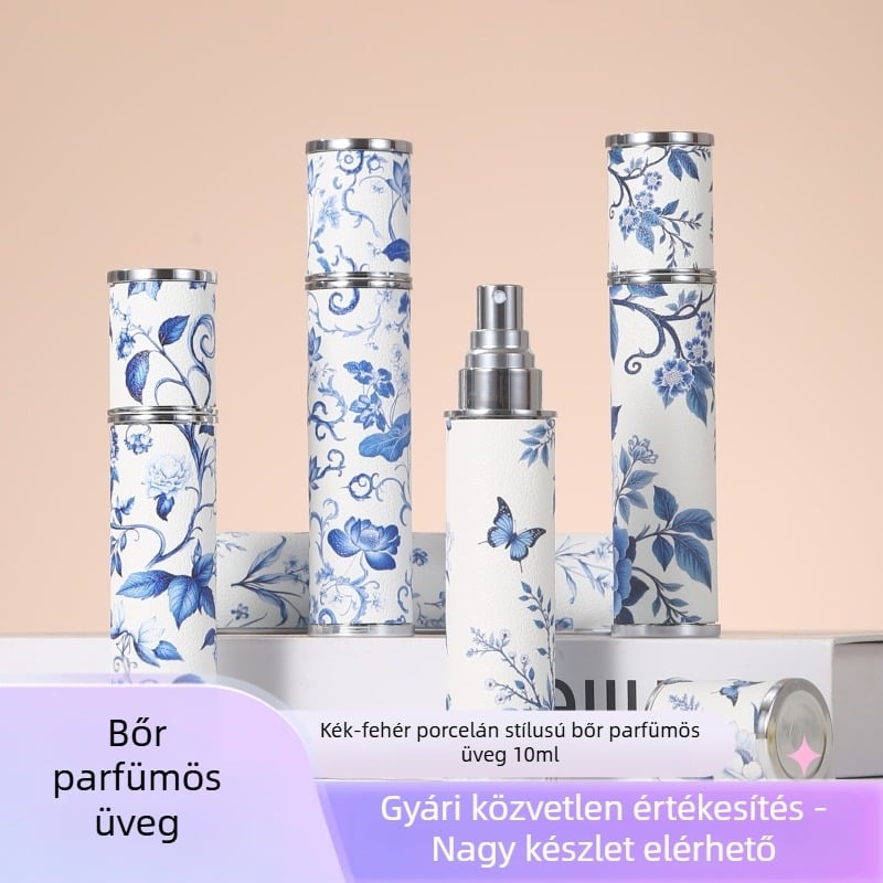 Raktáron lévő 10 ml-es báránybőrből készült, kínai stílusú, kék és fehér porcelán bőr üveg parfümös üveg nyomtatással, csúcskategóriás hordozható utazó szórófejes flakon