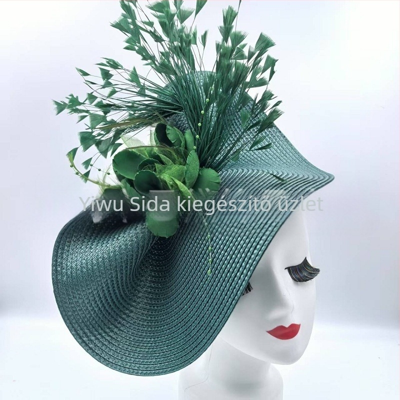 Amazon Hot Selling európai és amerikai cilinder, eltúlzott virágos toll szalmakalap, temperamentumos hírességek lóverseny fesztivál menyasszonyi fejpántja
