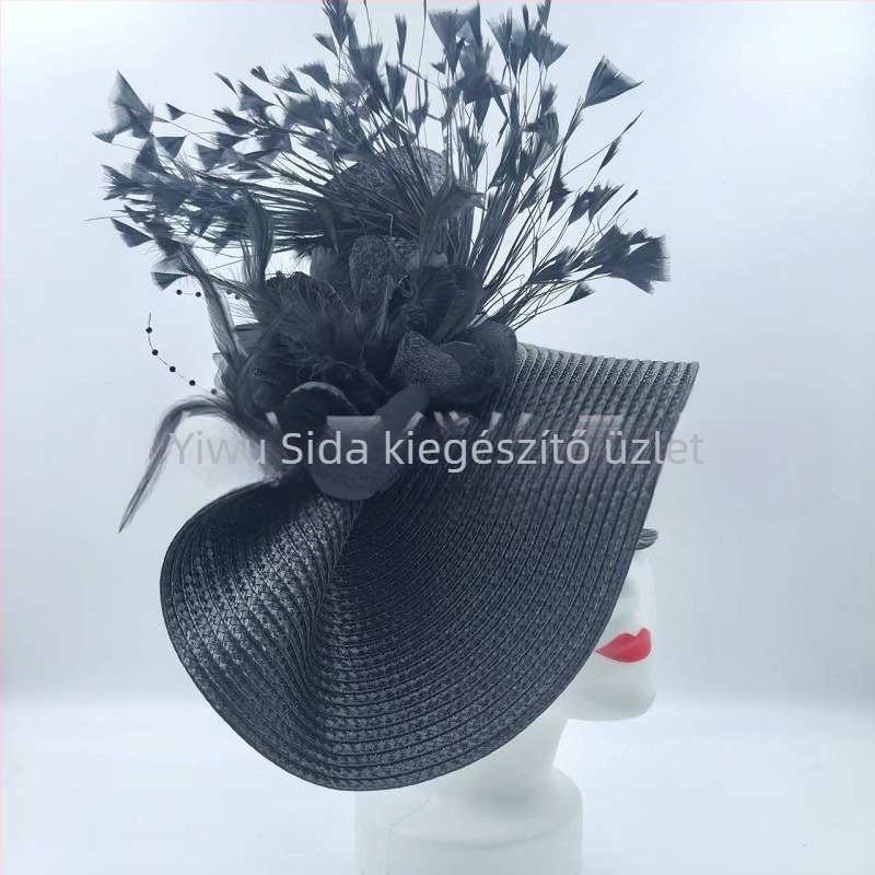 Amazon Hot Selling európai és amerikai cilinder, eltúlzott virágos toll szalmakalap, temperamentumos hírességek lóverseny fesztivál menyasszonyi fejpántja