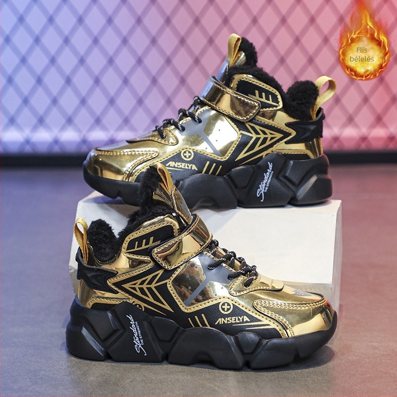 Fiú cipők 2024 Téli új gyermek tépőzáras könnyű futócipő Gyermek polár bélésű meleg pamut cipő