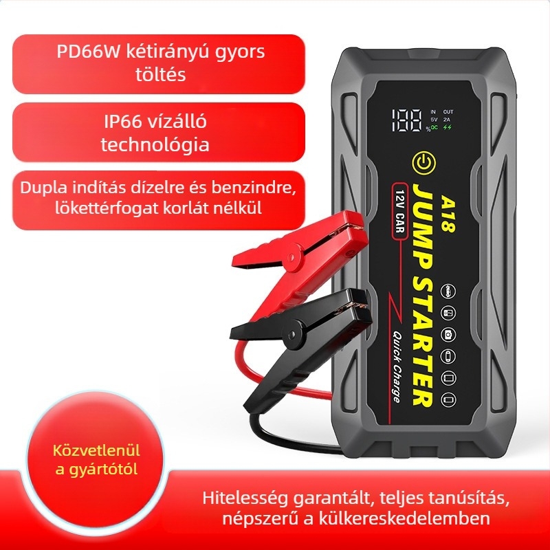 Hordozható, multifunkcionális, vízálló 12 V-os autós vészindító tápegység, 66 W-os gyorstöltő akkumulátor