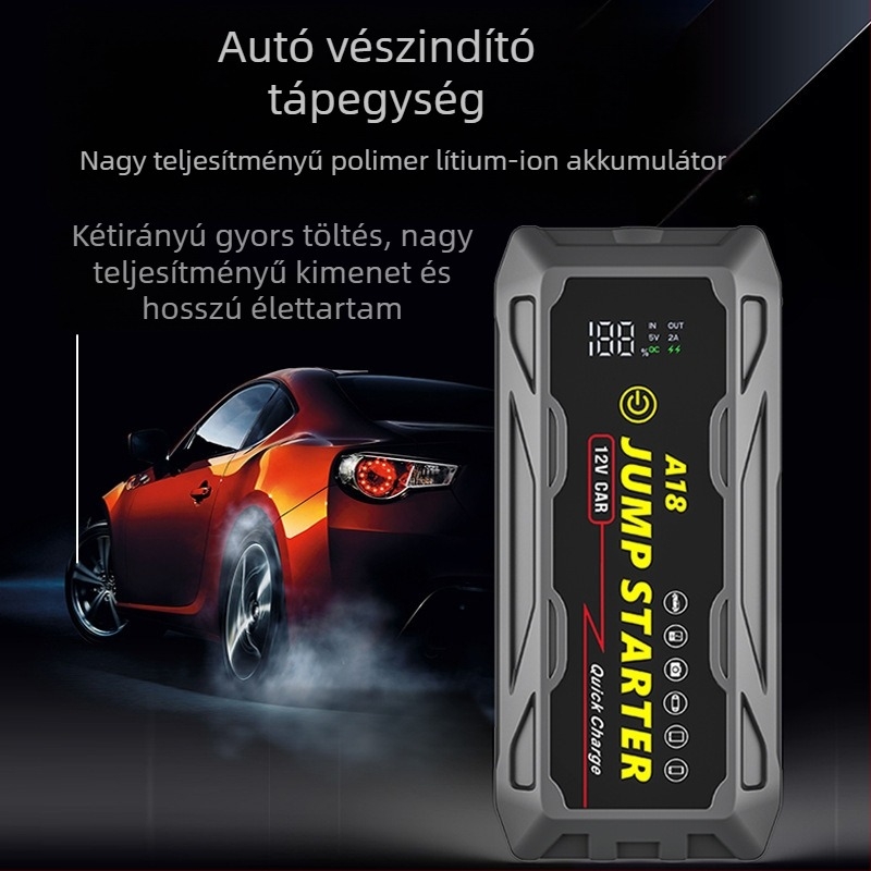Hordozható, multifunkcionális, vízálló 12 V-os autós vészindító tápegység, 66 W-os gyorstöltő akkumulátor
