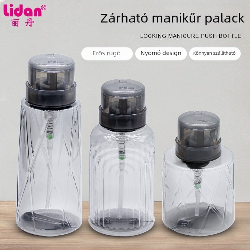 Japán nagy áteresztőképességű körömprés palack folyékony alkoholos palack 200ML-es átlátszó körömprés palack zárral üres palackkal