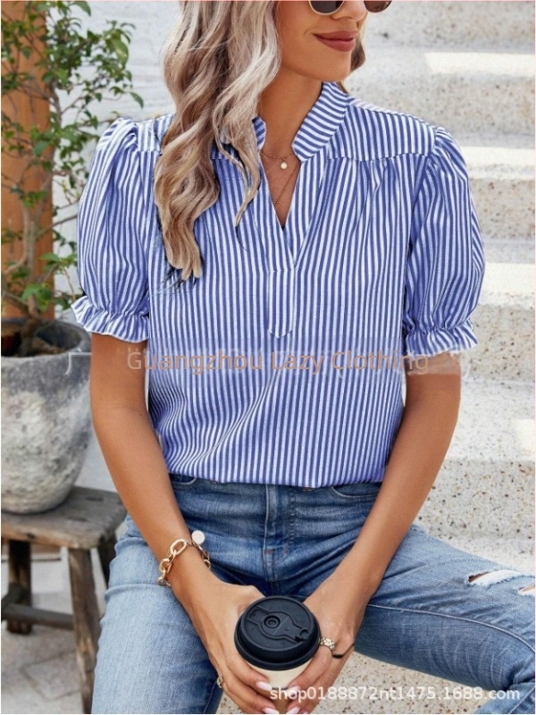 2025 nyári női ruházat, népszerű, Amazon gyorsvásárlás, európai és amerikai külkereskedelmi divat, lezser, bő, függőleges csíkos, rövid ujjú, bélelt