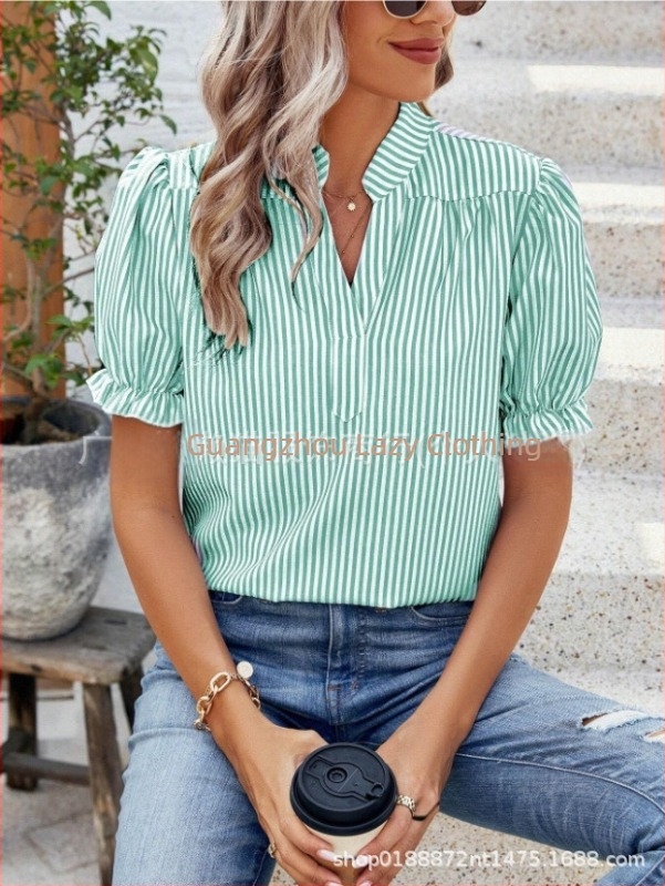 2025 nyári női ruházat, népszerű, Amazon gyorsvásárlás, európai és amerikai külkereskedelmi divat, lezser, bő, függőleges csíkos, rövid ujjú, bélelt