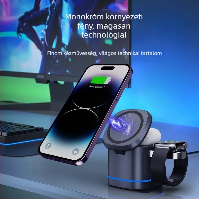 2024 új, három az egyben mágneses vezeték nélküli töltő, 15 W-os gyorstöltés mobiltelefon-headsethez, karórához, vezeték nélküli töltéshez