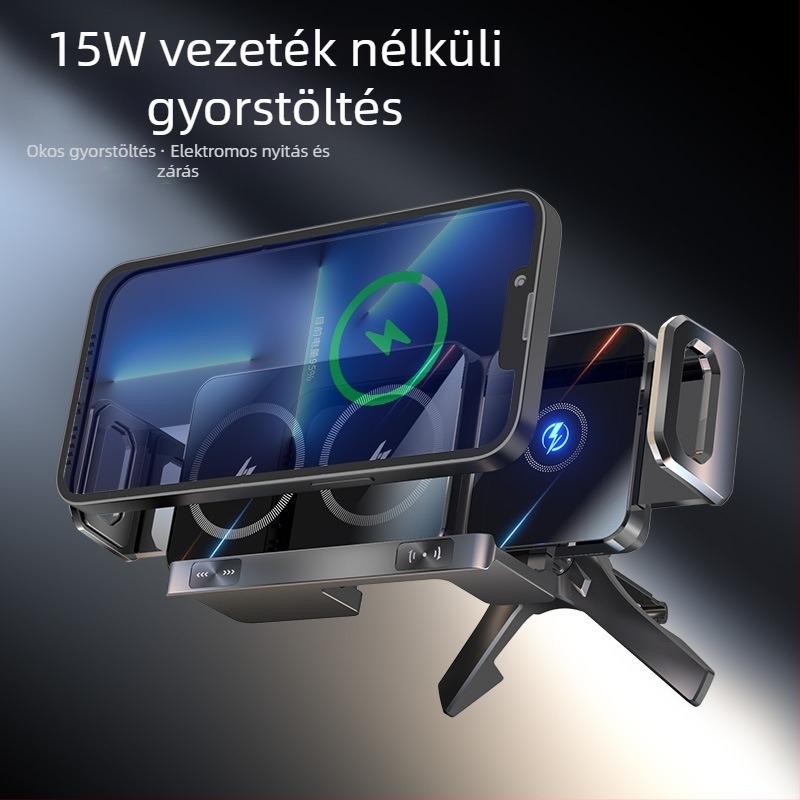 Légkivezető nyílással ellátott, összecsukható képernyős mobiltelefon-tartó, 15 W-os gyors töltésű, összecsukható képernyős mobiltelefon-tartó, nagyméretű képernyős autós mobiltelefon-tartó