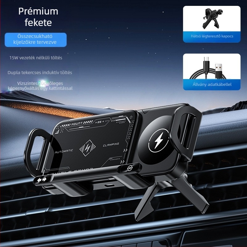 Légkivezető nyílással ellátott, összecsukható képernyős mobiltelefon-tartó, 15 W-os gyors töltésű, összecsukható képernyős mobiltelefon-tartó, nagyméretű képernyős autós mobiltelefon-tartó