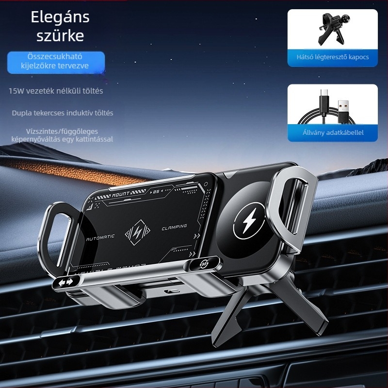 Légkivezető nyílással ellátott, összecsukható képernyős mobiltelefon-tartó, 15 W-os gyors töltésű, összecsukható képernyős mobiltelefon-tartó, nagyméretű képernyős autós mobiltelefon-tartó