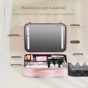 Sminktáska lámpával, tükörrel, LED lámpával, professzionális, hordozható, utazó, nagy kapacitású kozmetikai tárolódoboz, sminkes