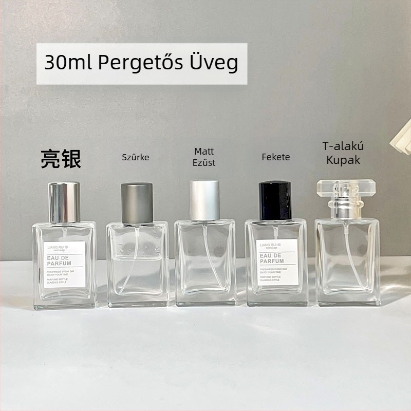 Parfüm adagoló palack 30ml Elegáns hordozható kozmetikai üvegpalack Fa kupak Présszóró Átlátszó parfüm üveg Üres üveg