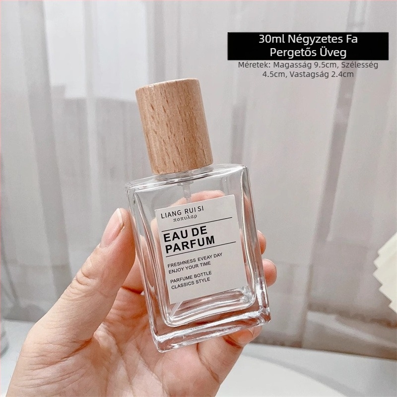 Parfüm adagoló palack 30ml Elegáns hordozható kozmetikai üvegpalack Fa kupak Présszóró Átlátszó parfüm üveg Üres üveg