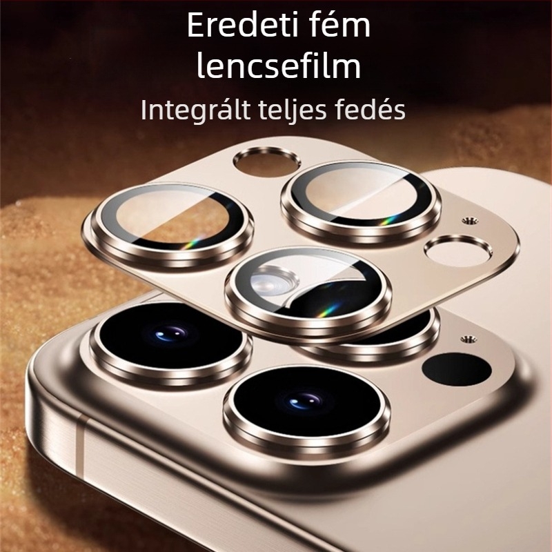 Apple 16 Promax lencsevédő fólia iPhone 16 hátlapi kamerához, plusz fém lencsegyűrű, teljes lefedettségű fólia