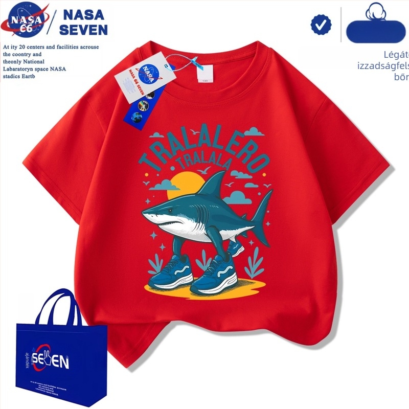 Nasa Shanhaijing gyerek rövid ujjú Tungtungsahur cipő, cápaszínű, tiszta pamut póló, közepes és nagy méretű, divatos gyerek felsők