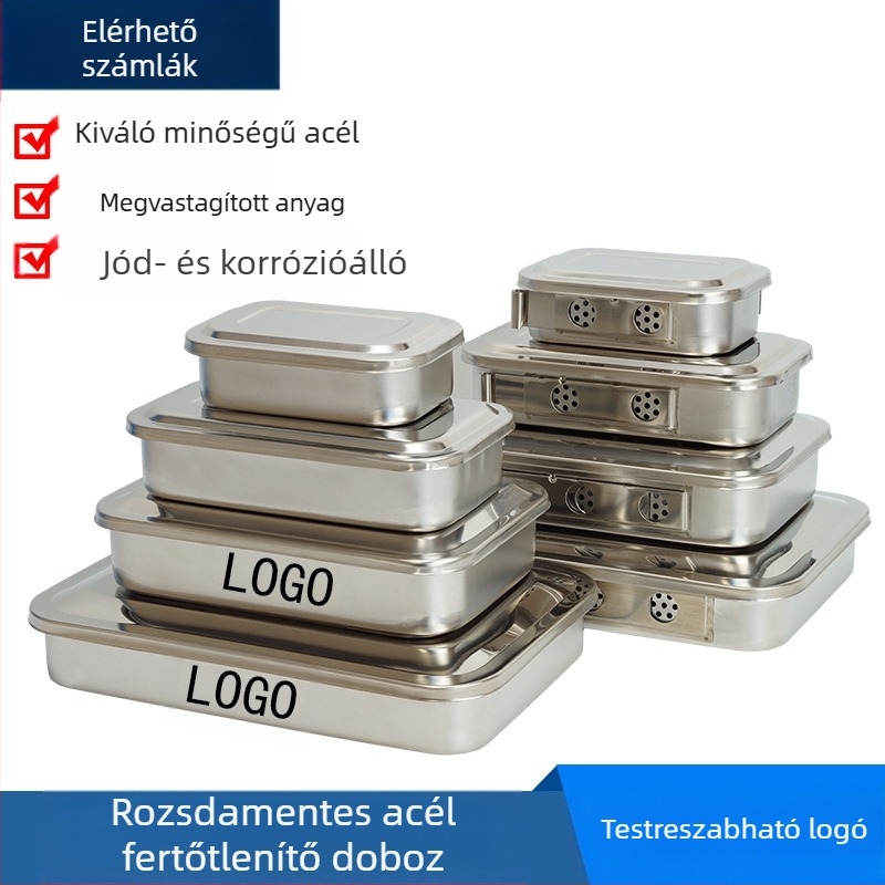 304 vastagított rozsdamentes acél fertőtlenítő doboz fedéllel és lyukakkal, vattapamacs kötszerrel, sebészeti fertőtlenítő négyzet alakú lemez, sebészeti műszerlemez