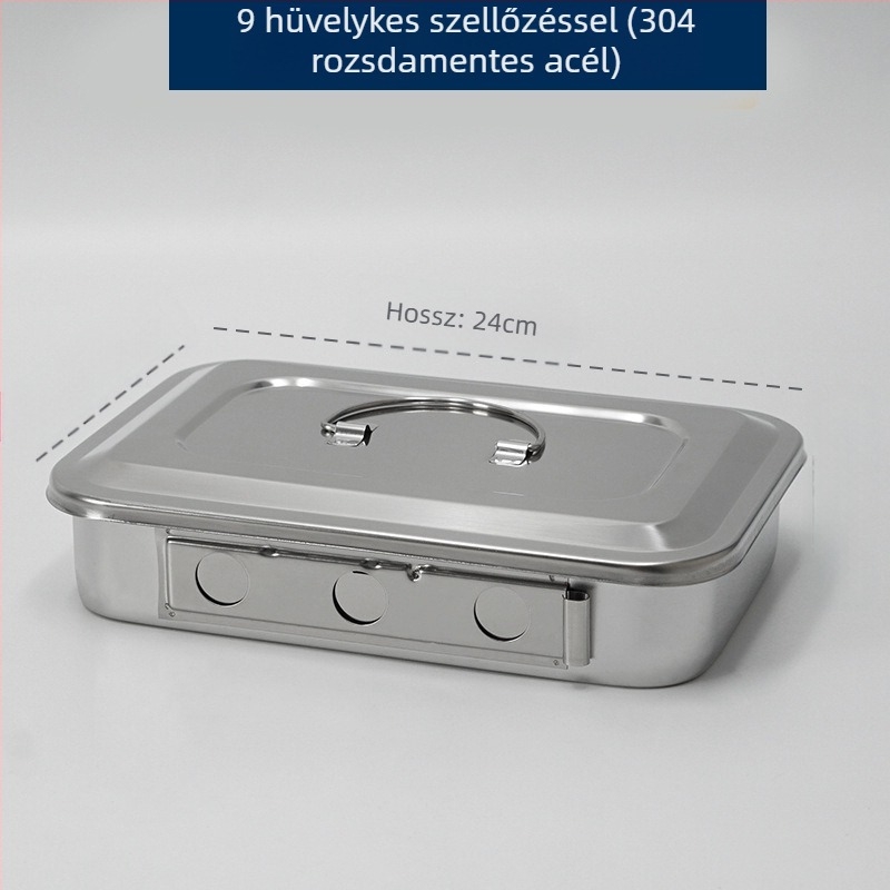 304 vastagított rozsdamentes acél fertőtlenítő doboz fedéllel és lyukakkal, vattapamacs kötszerrel, sebészeti fertőtlenítő négyzet alakú lemez, sebészeti műszerlemez