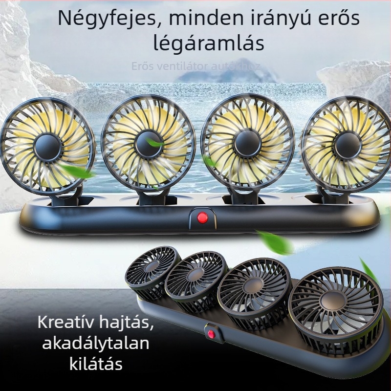 Új autóventilátor négyfejű autó elektromos ventilátor 360 fokban forgó, összecsukható, erős hűtős mini teherautó kis ventilátor