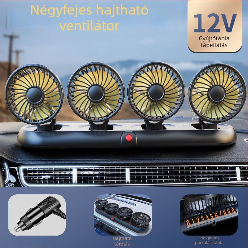 Új autóventilátor négyfejű autó elektromos ventilátor 360 fokban forgó, összecsukható, erős hűtős mini teherautó kis ventilátor